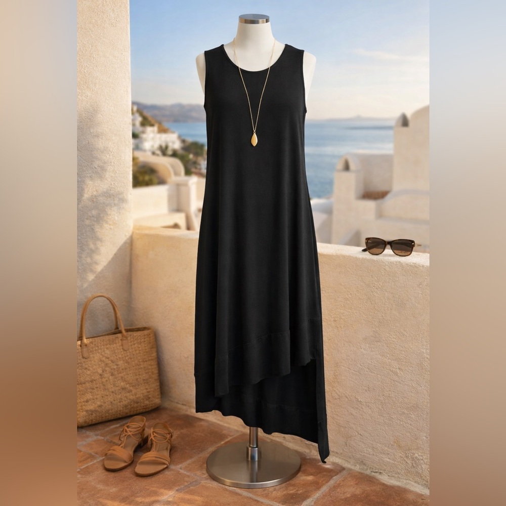 Chico’s Travelers Black Asymmetrical Travel Dress Size 1/M Rayon Blend